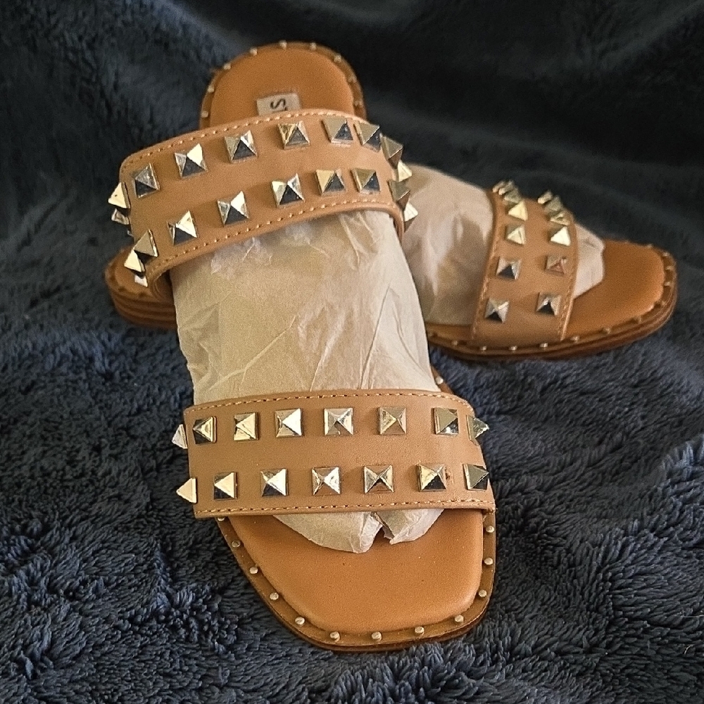 Steve Madden Tan Studded Slide Sandals - Picture 2 of 16